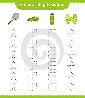 Handwriting practice. Tracing lines of Water Bottle, Tennis Racket, Soccer Shoes and Dumbbell. Educational children game,