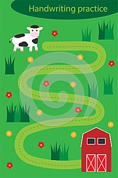 Handwriting practise, writing training. help the cow to get the barn, cute cartoon character, preschool worksheet activity for