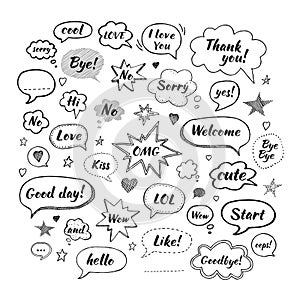 Handwriting set of speech bubbles with dialog words