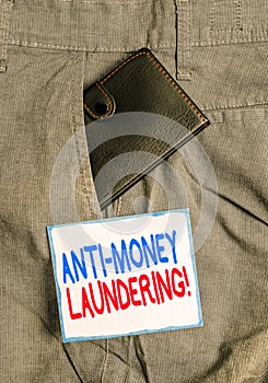 Handwriting text Anti Money Laundering. Concept meaning regulations stop generating income through illegal actions Small