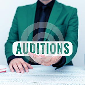 Handwriting text Auditions. Business showcase a trial performance to appraise an entertainer's merits
