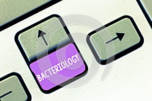 Handwriting text Bacteriology. Concept meaning Branch of microbiology dealing with bacteria and their uses