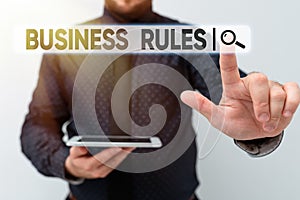 Handwriting text Business Rules. Business showcase a specific directive that constrains or defines a business Presenting