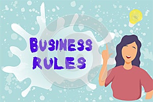Handwriting text Business Rules. Word Written on a specific directive that constrains or defines a business Lady