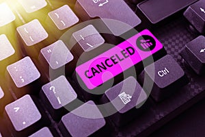 Handwriting text Canceled. Word for to decide not to conduct or perform something planned or expected Typing Character photo