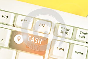 Handwriting text Cash Back. Concept meaning denoting a form of incentive offered to buyers of certain products White pc