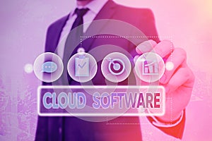 Handwriting text Cloud Software. Concept meaning Programs used in Storing Accessing data over the internet