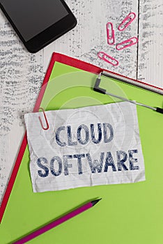 Handwriting text Cloud Software. Concept meaning Programs used in Storing Accessing data over the internet Clipboard