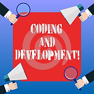 Handwriting text Coding And Development. Concept meaning To program or create a software or any application Hu analysis