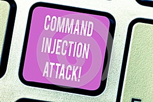 Handwriting text Comanalysisd Injection Attack. Concept meaning execution of arbitrary comanalysisds on the host OS Keyboard key photo