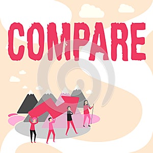 Hand writing sign Compare. Business overview Estimate Measure Note the similarities dissimilarities between Four photo