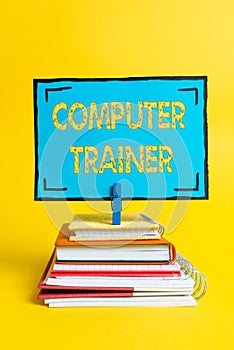 Handwriting text Computer Trainer. Internet Concept instruct and help users acquire proficiency in computer Colorful