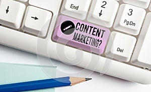 Handwriting text Content Marketing Question. Concept meaning involves creation and sharing of online material White pc keyboard