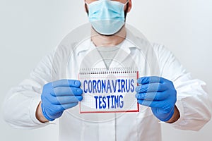 Handwriting text Coronavirus Testing. Concept meaning Collection of samples from a viable patient to identify SARSCoV2