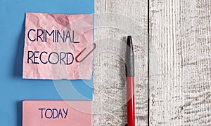 Handwriting text Criminal Record. Concept meaning profile of a demonstrating criminal history with details Wrinkle paper