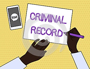 Handwriting text Criminal Record. Concept meaning profile of a demonstrating criminal history with details Top View Man