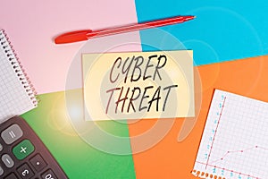 Handwriting text Cyber Threat. Concept meaning has a potential to cause serious harm to a computer system Office