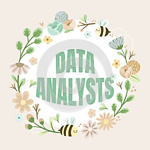 Text caption presenting Data Analysts. Business overview Programmer Design and Create Report Identifies patterns Frame