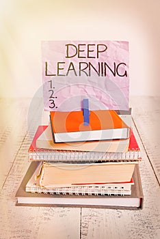 Handwriting text Deep Learning. Concept meaning Hierarchical Abstractions Artificial Intelligence Algorithm pile stacked books