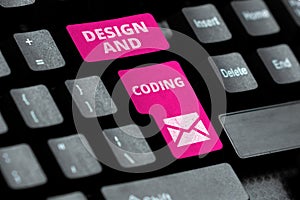 Text caption presenting Design And Coding. Word for HTML and programming, Cross platform development website