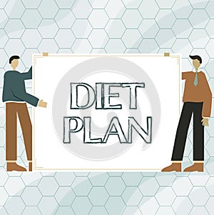 Handwriting text Diet Plan. Word Written on Use of specific intake of nutrition for health management reasons Two Men
