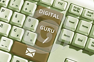 Handwriting text Digital Guru. Business overview teacher and intellectual guide in matters of fundamental concern of