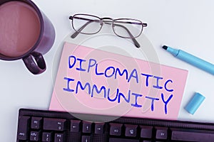 Handwriting text Diplomatic Immunity. Business approach law that gives foreign diplomats special rights in the country