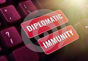 Handwriting text Diplomatic Immunity. Business idea law that gives foreign diplomats special rights in the country they