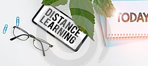 Handwriting text Distance Learning. Business overview educational lectures broadcasted over the Internet remotely
