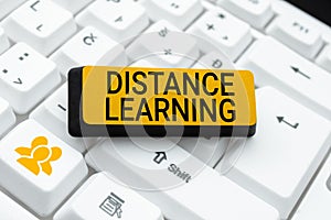 Handwriting text Distance Learning. Business showcase educational lectures broadcasted over the Internet remotely