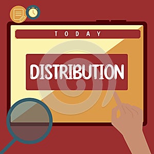 Sign displaying Distribution. Concept meaning the behavior of several recipients sending something out