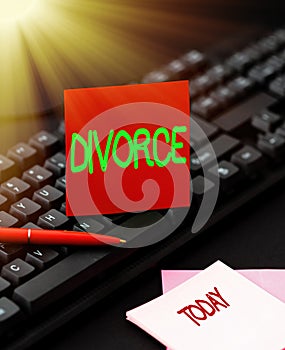 Handwriting text Divorce. Concept meaning Legal dissolution of marriage Separation Breakup Disagreement Inputting