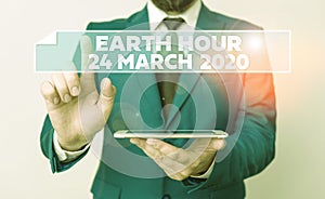 Handwriting text Earth Hour 24 March 2020. Concept meaning Celebrate Sustainability Save the Planet Lights Off
