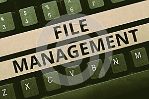 Text showing inspiration File Management. Business overview computer program that provides user interface to manage data