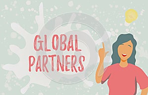 Handwriting text Global Partners. Word for Two or more firms from different countries work as a team Lady Illustration