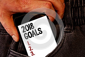 Handwriting text 2018 Goals 1. 2. 3.. Concept meaning Resolution Organize Beginnings Future Plans Brown jeans back pocket hand pus