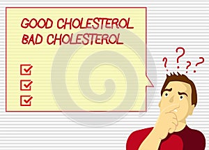 Handwriting text Good Cholesterol Bad Cholesterol. Concept meaning Fats in the blood come from the food we eat