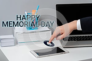 Handwriting text Happy Memorial DayHonoring Remembering those who died in military service. Concept meaning Honoring photo