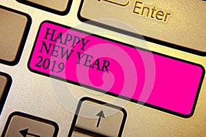 Handwriting text Happy New Year 2019. Concept meaning Greeting Celebrating Holiday Fresh Start Best wishes Crystal orange computer