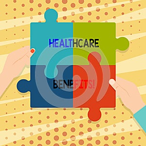 Handwriting text Healthcare Benefits. Concept meaning monthly fair market valueprovided to Employee dependents Four