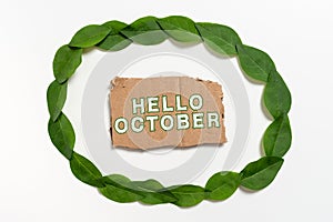 Handwriting text Hello October. Business overview Last Quarter Tenth Month 30days Season Greeting Blank Color Paper Between Leaves