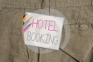 Handwriting text Hotel Booking. Concept meaning Online Reservations Presidential Suite De Luxe Hospitality Writing equipment and