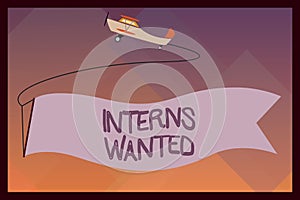 Handwriting text Interns Wanted. Concept meaning Looking for on the job trainee Part time Working student