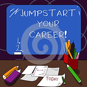 Handwriting text Jumpstart Your Career. Concept meaning Make it work successfully after a period of failure Mounted