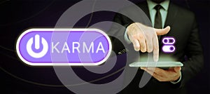 Handwriting text Karma. Business overview sum of a person actions in this and previous states of existence