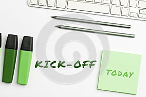 Handwriting text Kick Off. Business concept start or resumption of football match in which player kicks ball