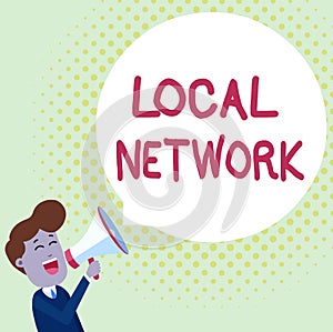 Handwriting text Local Network. Concept meaning Intranet LAN Radio Waves DSL Boradband Switch Connection Young Man photo