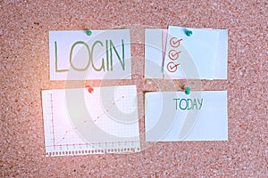 Handwriting text Login. Concept meaning Entering website Blog using username and password Registration Corkboard color size paper