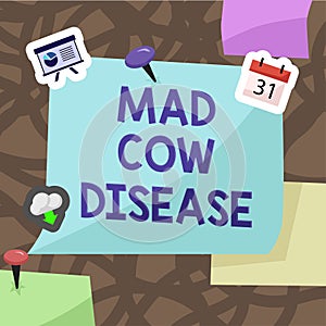 Handwriting text Mad Cow Disease. Word for Neurodegenerative lethal disease contagious eating meat Important