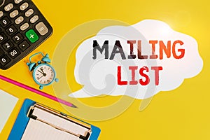 Handwriting text Mailing List. Concept meaning list of showing who subscribe to a periodic mailing distribution Alarm clock wakeup